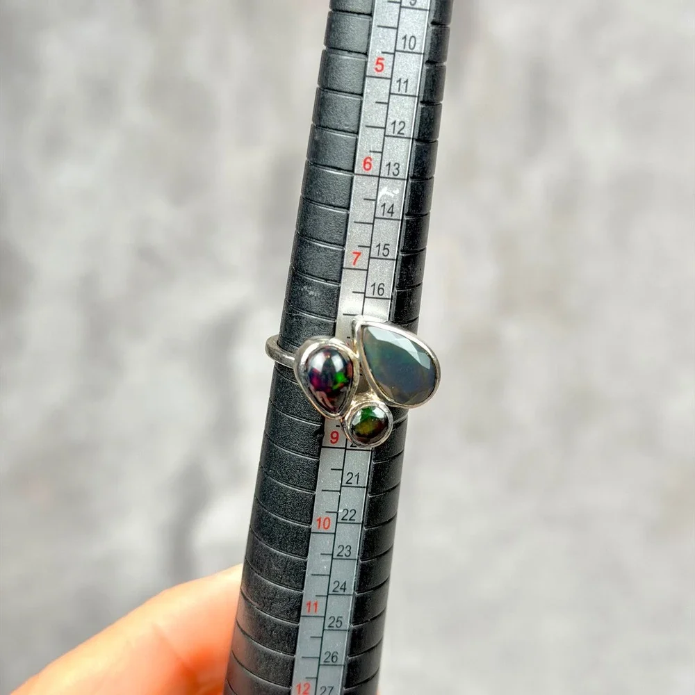 Whimsigoth Ethiopian Black Opal Silver Ring Size 8 Cluster Teardrop Round Oval